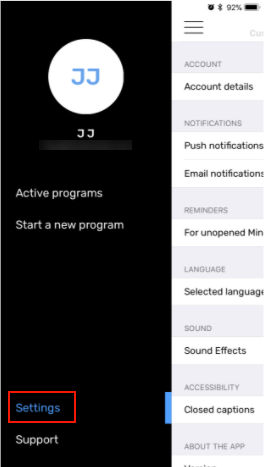 Screenshot - how to update account settings in mobile app